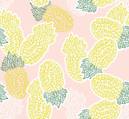 Tropical Print Pineapple Fruits Isolated Elements, Hawaiian Seamless Pattern Tropics, Exotic Hand Drawn Doodle Drawing on Pink Background, Summer Fruits Pattern