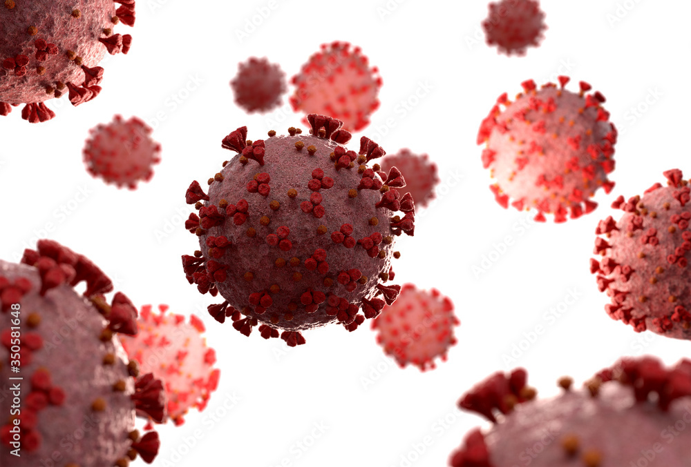 Poster 3d rendering of the coronavirus on a microscopic level. microscope close-up of the covid-19 disease.