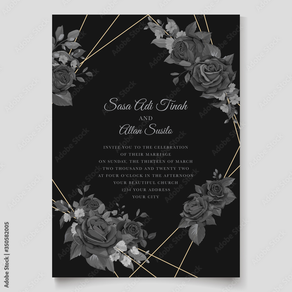 Wall mural elegant black floral wedding invitation template