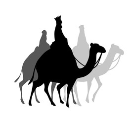 The three wise kings, men riding camels, isolated silhouette. Vector illustration.