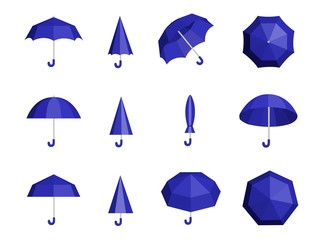 Set of umbrellas and parasols in various positions vector illustration. Open and folded blue brolly flat style. Equipment to protect from rain. Isolated on white background