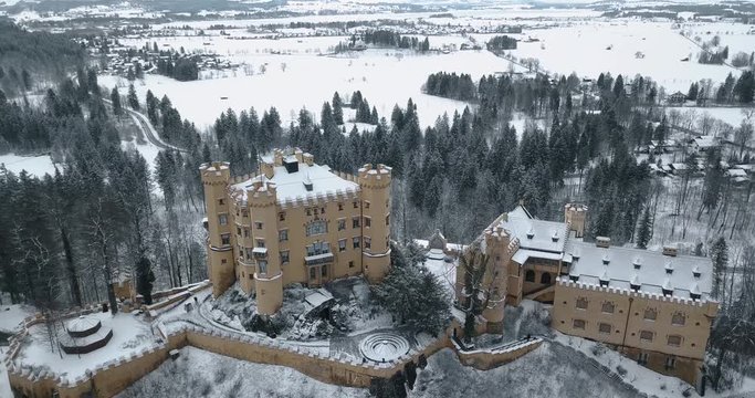 Hohenschwangau Castle in winter Aerial view landscape. Germany, Bavaria. Schwangau. Snowing. 4k video 24 fps. 19 marth, 2019. part6