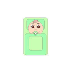 Kawaii baby with dummy lying in a green crib on white isolated background, flat design vector illustration of baby boy in bed with dummy lying in bed.