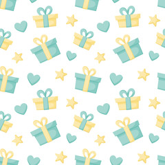Vector abstract seamless pattern.with colored present boxes, hearts, stars. Gifts for the holiday on a white background. Great for paper, card, wallpaper, banner, fabric, interior.
