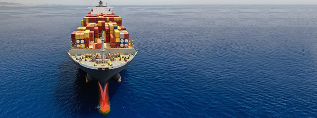 Aerial drone panoramic ultra wide photo of industrial container tanker ship cruising in open ocean...