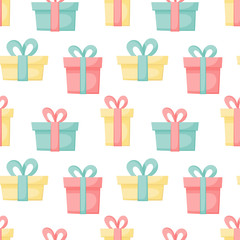 Vector abstract seamless background with colored present boxes. Gifts for the holiday on a white background. Great for paper, card, wallpaper, banner, fabric, interior.