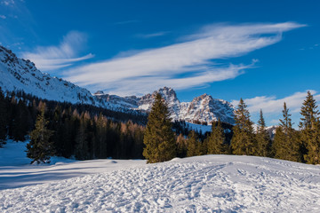 View from the Kreuzberg ski slope to the top of the Sextner Rotwand in the Dolomites. January 2020