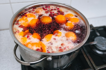 Cooking a delicious compote of apricot, apples, cherries, raspberries. Fresh fruits are boiled in boiling water in a metal pan on the stove. Photography, concept.