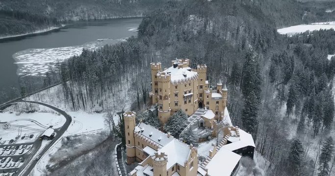 Hohenschwangau Castle in winter Aerial view landscape. Germany, Bavaria. Schwangau. Snowing. 4k video 24 fps. 19 marth, 2019. part7