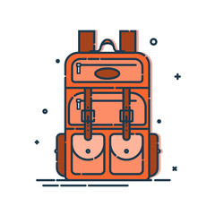 Backpack or schoolbag with pockets and zipper element. Education and study rucksack for students and traveling icon. Tourism bag. Front view. Flat line art illustration isolated on white background