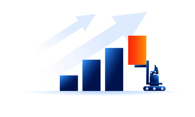 Businessman raised the bar chart using forklift concept illustration sales target marketing the businessman trying hard to increase sales and profits flat design