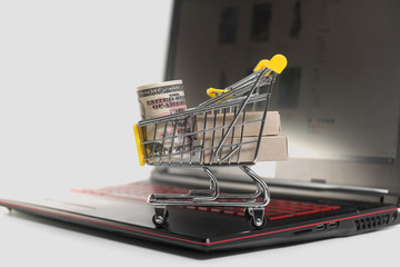 Online shopping concept. copy space for text online shopping. A lot of banknotes are rolled up.