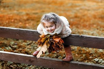 Funny naughty girl in the autumn Park. Childhood in autumn. A pretty girl plays with autumn leaves....