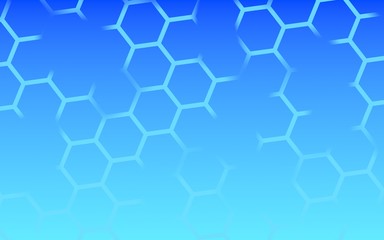 Translucent, with breaks, honeycomb on a gradient blue sky background. Perspective view on polygon look like honeycomb. Isometric geometry. 3D illustration