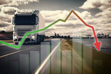 Large truck in front of a container port, with graphics symbolizing the decline in exports.