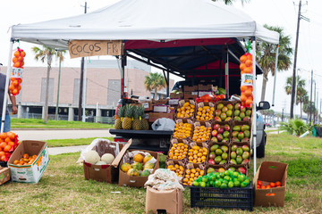 Seabrook TX/USA - January 2020: Street vendor selling fresh fruits and vegetables on the seacoast near Houston