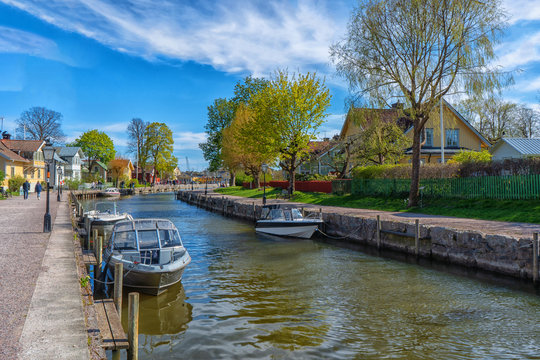 A small town Trosa. View with canal. Swedish countryside.