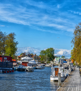 A small town Trosa. View with canal. Swedish countryside.
