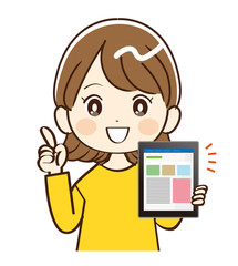女性、タブレット、説明