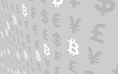 Bitcoin and currency on a gray background. Digital crypto currency symbol. Business concept. Market Display. 3D illustration