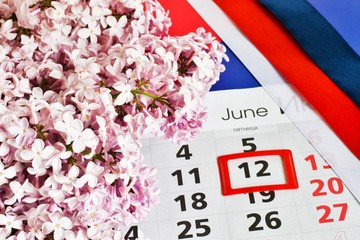 A day in Russia is a Russian holiday. June 12 Day of Russia. Flowers, calendar and flag on a white...