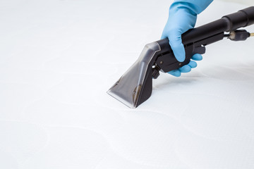 Employee hand in blue rubber protective glove cleaning new modern white mattress with...