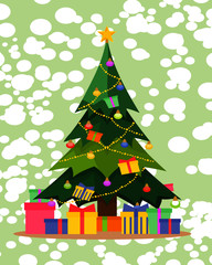 Merry Christmas and a happy new year,Christmas Tree with gift box on ground and many colorful lamp light on tree with yellow light line