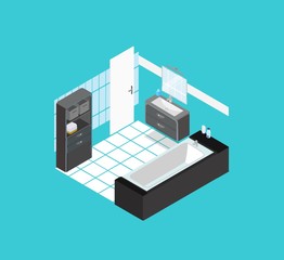 isometric bathroom, interior view blue background house, home