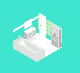 isometric bathroom, interior view green background house, home