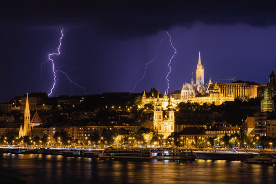 Thundersorm over the Buda side of Danube river in Budapest, Hungary