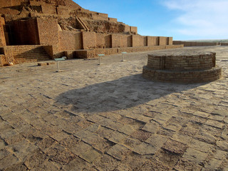 View on stairs to ziggurat, on ritual altar, & paved street of complex Chogha Zanbil, Shush, Iran....