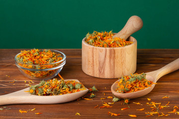 Dry marigold flowers, calendula medicinal tea.