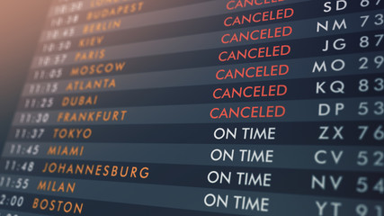 close-up of an airport departures board with flights from on time to canceled (3d render)