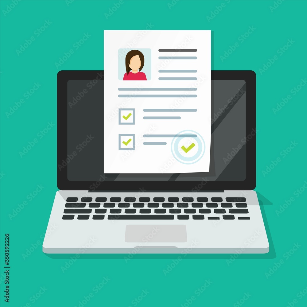 Poster personal interview online with skills data investigation document vector on computer laptop or inter