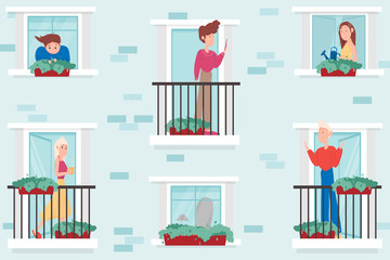 Neighborhood, stay at home concept. Different types of people stand on balconies or look out of windows. The neighbors in their own houses. Life in big cities. Cute vector illustration in flat style.
