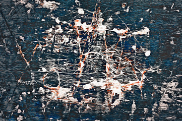 Dark chaotic abstract textures. Dark grunge textured wall closeup. Texture with scratches and cracks. Image the blue tones and orange scratches. Oil painting effect for beautiful background