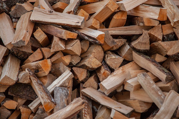 Trees in the sawmill are stacked in bags for sell. Stacks of firewood. Preparation of firewood for the winter. A heap of woodpile. Chopped wood. Firewood.Pile of wood logs ready for winter
