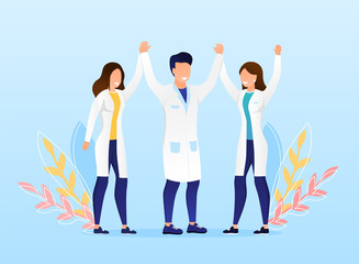 A group of doctors celebrate the victory Happy faces specialists Young beautiful doctors in white clothes enjoy the moment of victory Cheerful Professionals enjoy the moment Flat Vector Illustration