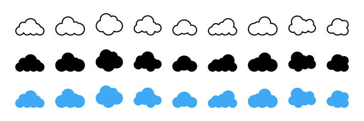 Clouds collection different shapes. Clouds in flat line design. Cloud icon. Backup icon. Storage symbol. Vector illustration