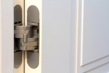 New modern metal door hinges on white wooden doors.