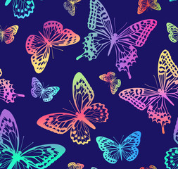 Image of Pattern with rainbow butterflies on blue background. Suitable for curtains, wallpaper, fabrics, wrapping paper. printed on Printed Glass Splashbacks