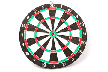 Dartboard with darts on white background, closeup. Purpose concept