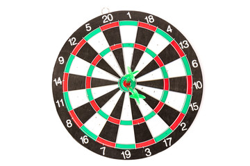 Dartboard with darts on white background, closeup. Purpose concept