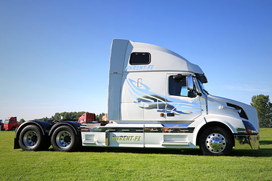 White Volvo VNL 64T 670 Truck Tractor on Display. Illustrative Editorial Content.