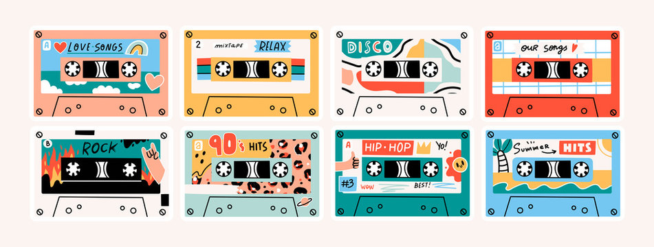 Set of eight Retro Vintage tape Cassettes. Various audio tapes. Different Mixtapes. Love songs, Relax, Rock, Nineties hits etc. Hand drawn colored Vector illustration. Every cassette is isolated