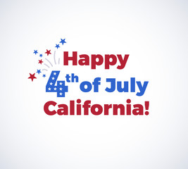 Happy 4th of July California background with the US Independence Day congratulations, fireworks, and flying stars. Vector illustration isolated on white
