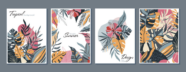 Vector collection of trendy creative cards with floral exotic tropical elements, palm leaves