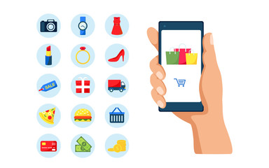 Online shopping on mobile phone application with 15 icons objects set. Vector concept marketing and digital ecommerce with bags, food delivery, money, credit card, sell promotion coupons and products.