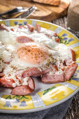 Fried eggs with sausage.