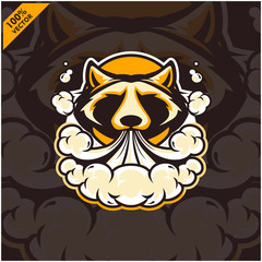 Raccoon head vapor e-cigarette, vape, vaporizer cigarette, electronic smoke, Design element for company logo, label, emblem, apparel or other merchandise. Scalable and editable Vector.